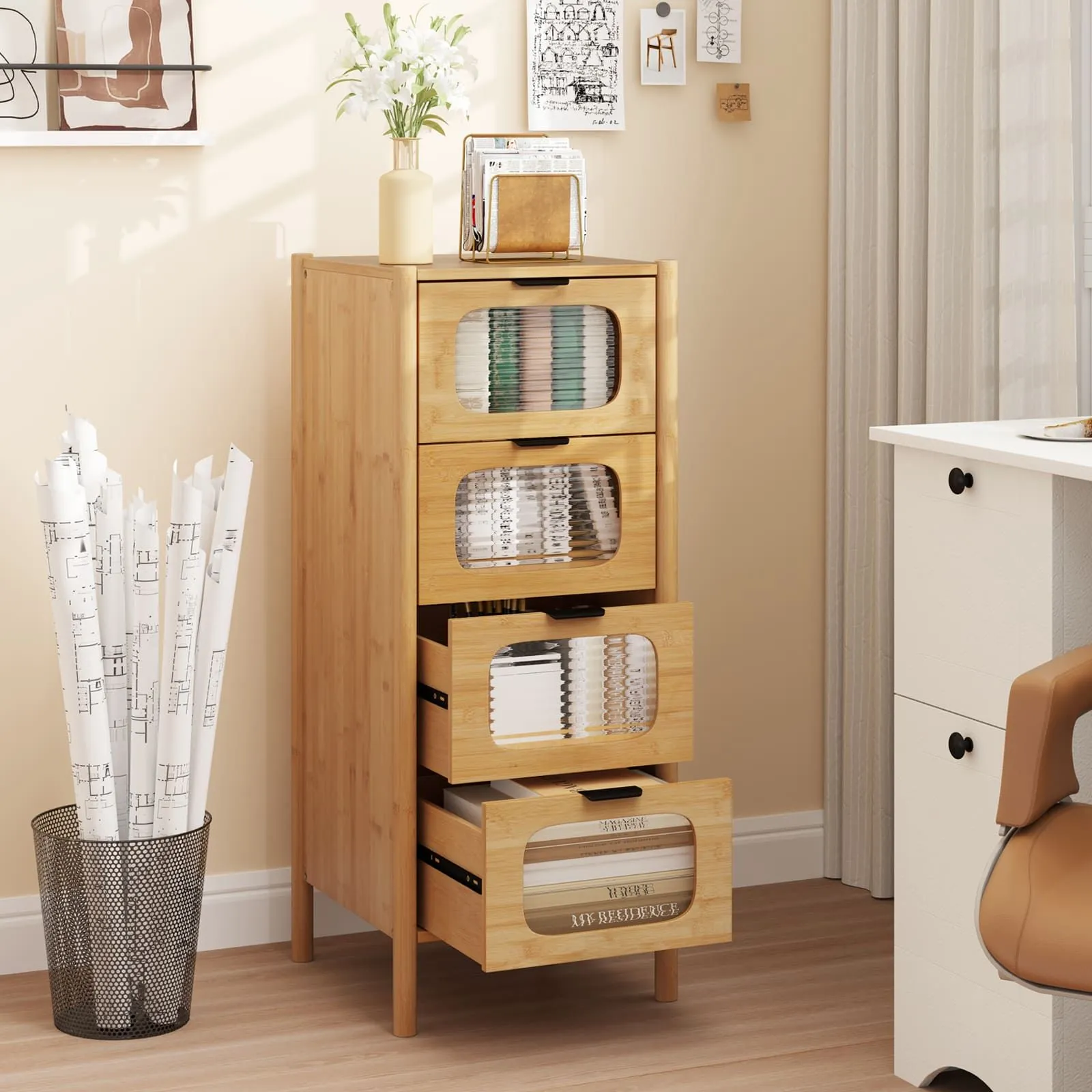 Costway 4-Drawer Dresser Bamboo Storage Cabinet w/Tempered Glass Drawers in Natural 5