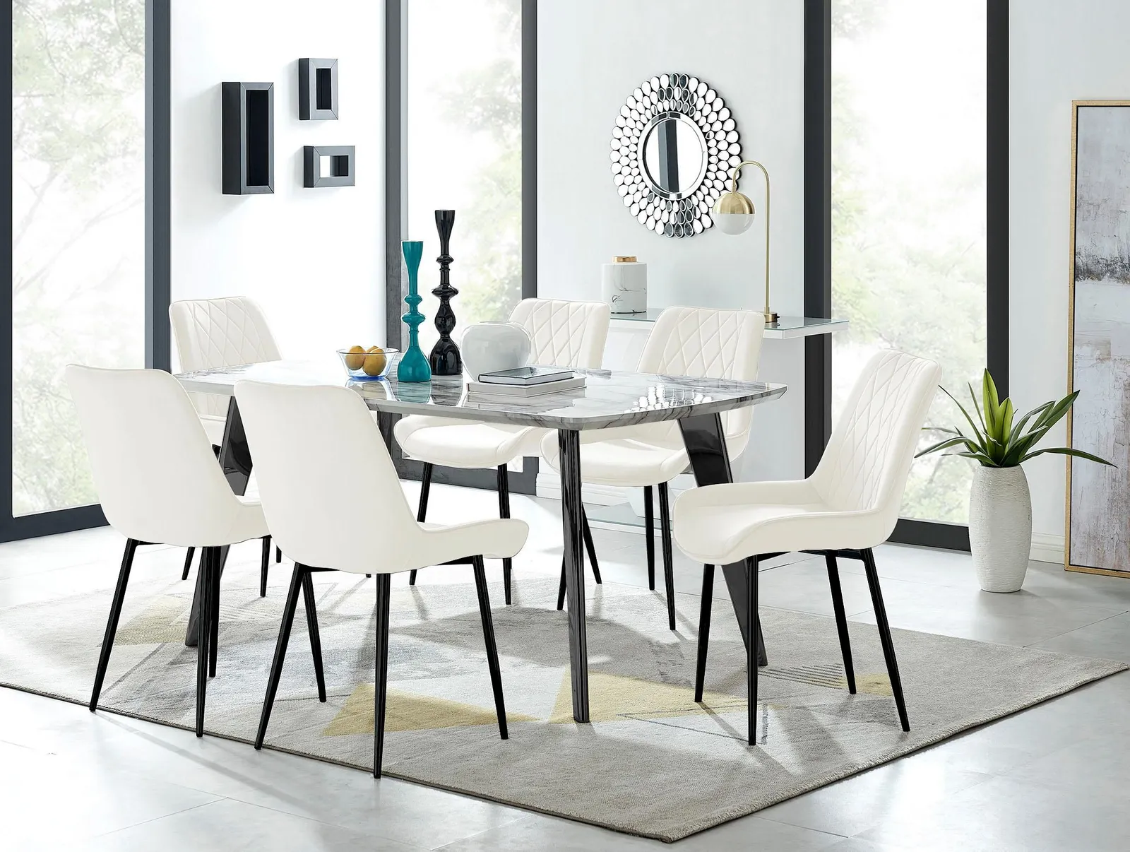 FurnitureboxUK Andria White Marble Effect & Black Leg 6 Seater Dining Table & 6 Pesaro Soft Velvet Chairs in Cream 1