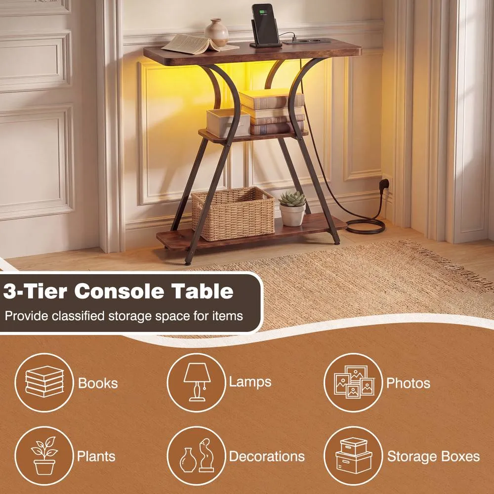 Costway Console Table w/ LED Lights & Power Outlets Table w/ Shelves in Brown 5