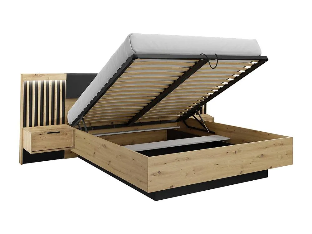 Vente-unique Ottoman Bed With Bedside Tables 160 X 200 Cm - With LED Lighting in Black 2