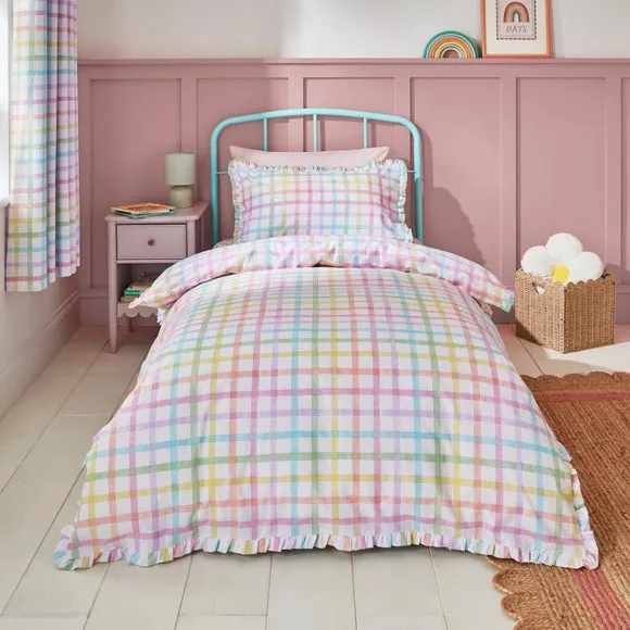 Rainbow Frilled Checked 100% Cotton Duvet Cover & Pillowcase Set