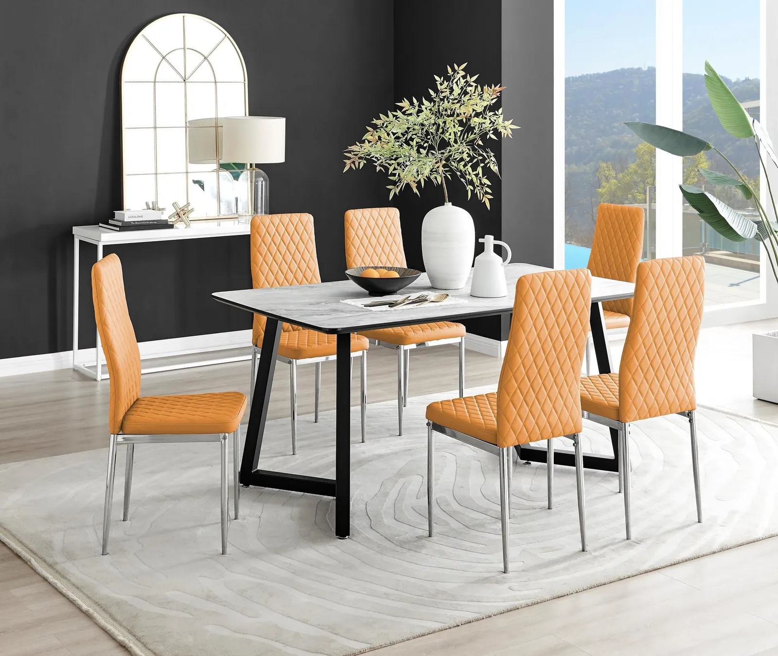 FurnitureboxUK Carson White Marble Effect Dining Table & 6 Milan Chrome Leg Chairs in Mustard 1