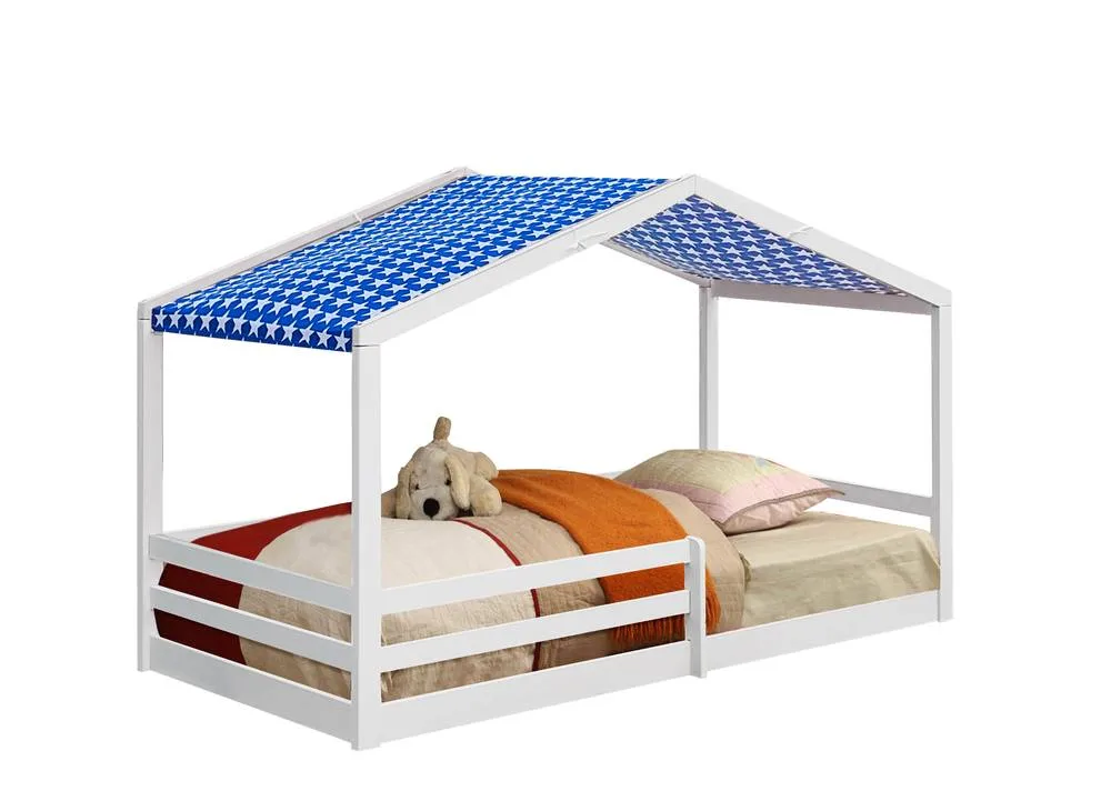 Comfy Living Ltd 3ft Wooden House Bed With Blue Tent in White 2