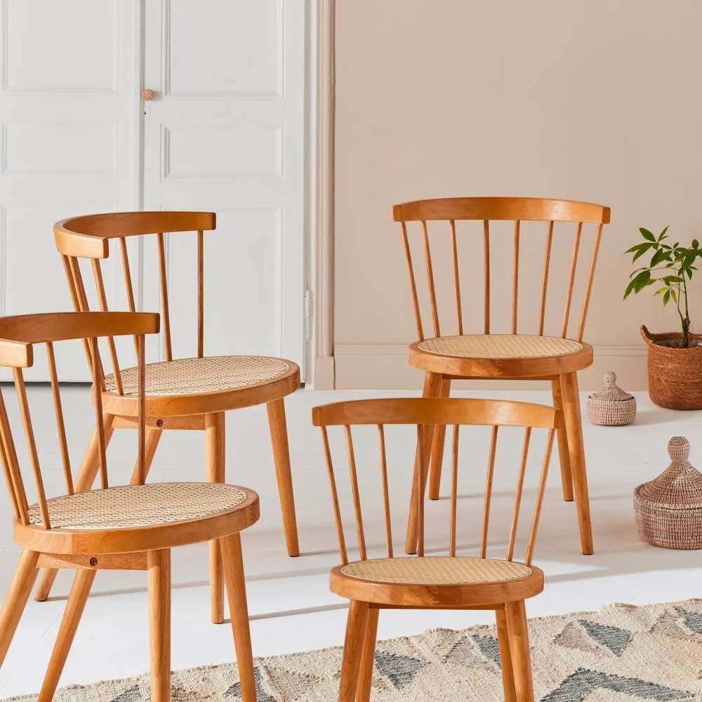 sweeek Set Of 4 Wooden & Caned Chairs in Light Brown 6