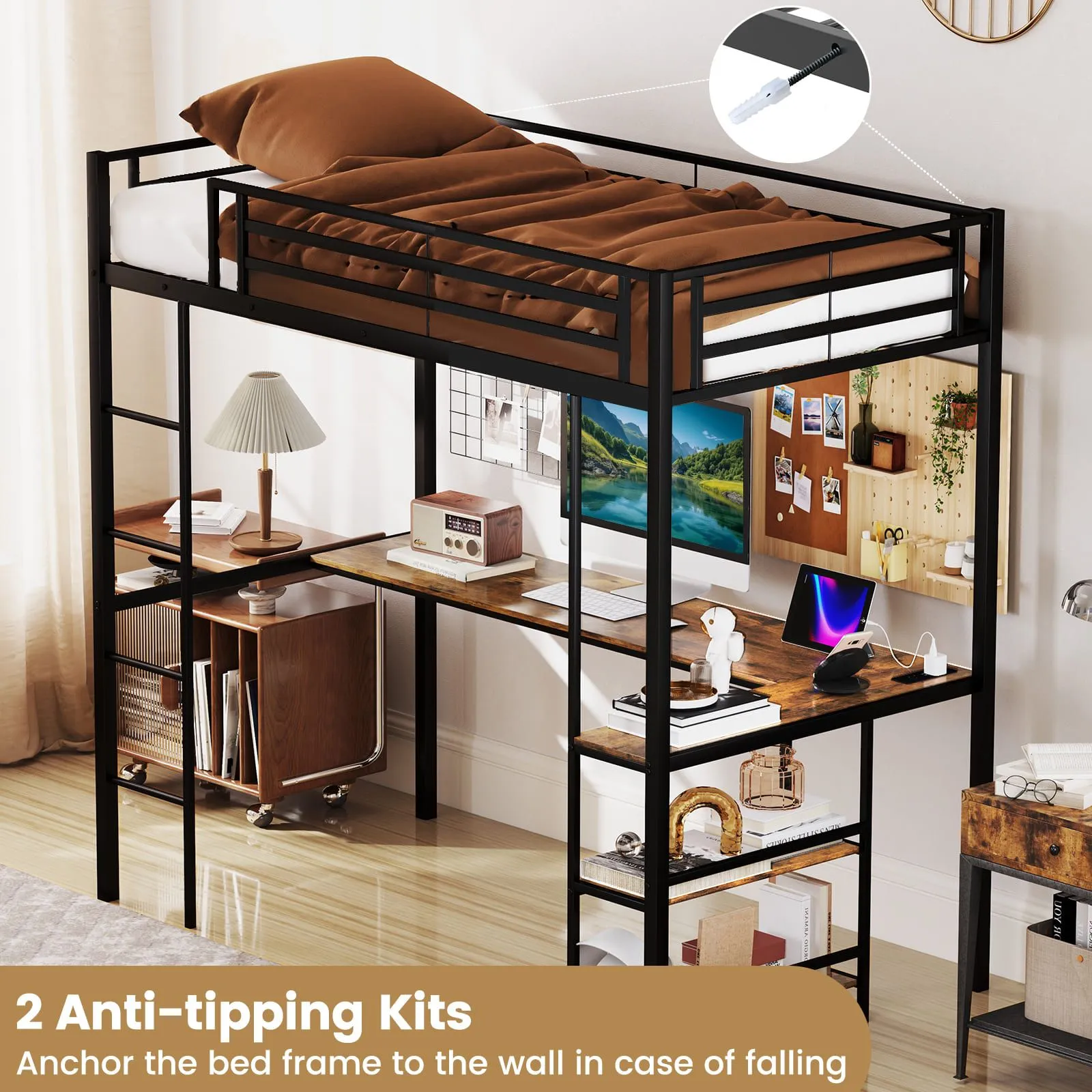 Costway Loft Bed Single Platform Bed Metal High Sleeper Bed w/Charging Station in Black 6