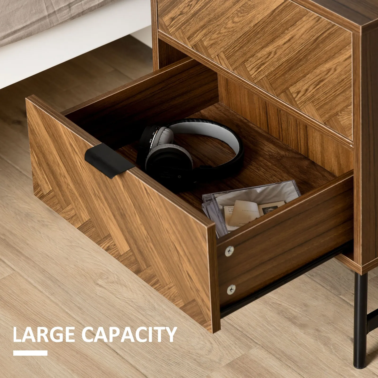 HOMCOM Two Drawer Herringbone Bedside Table Home Side Cabinet Storage in Brown 4
