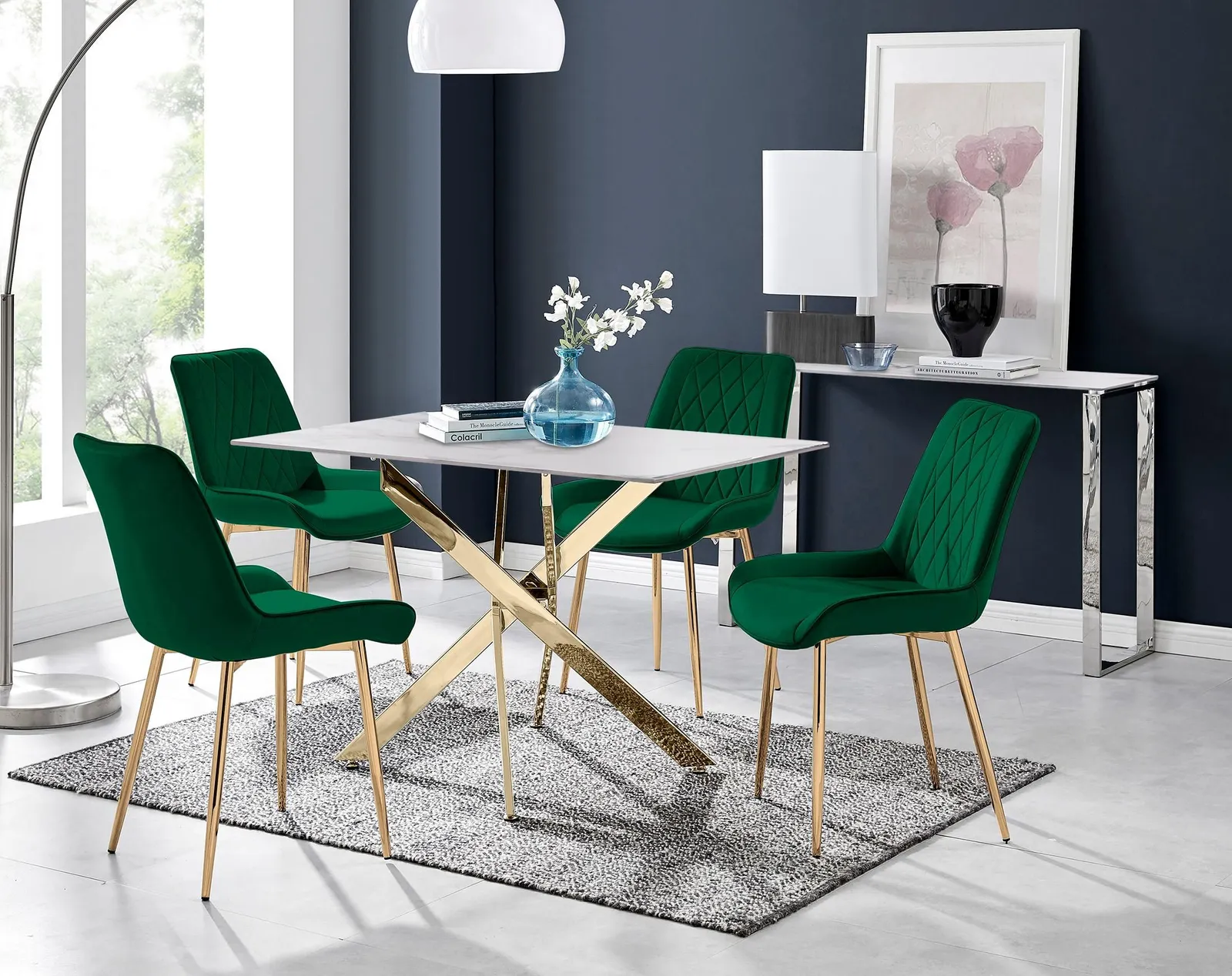 FurnitureboxUK Leonardo White Glass Marble Effect Gold Leg Table & 4 Pesaro Gold Leg Chairs in Green