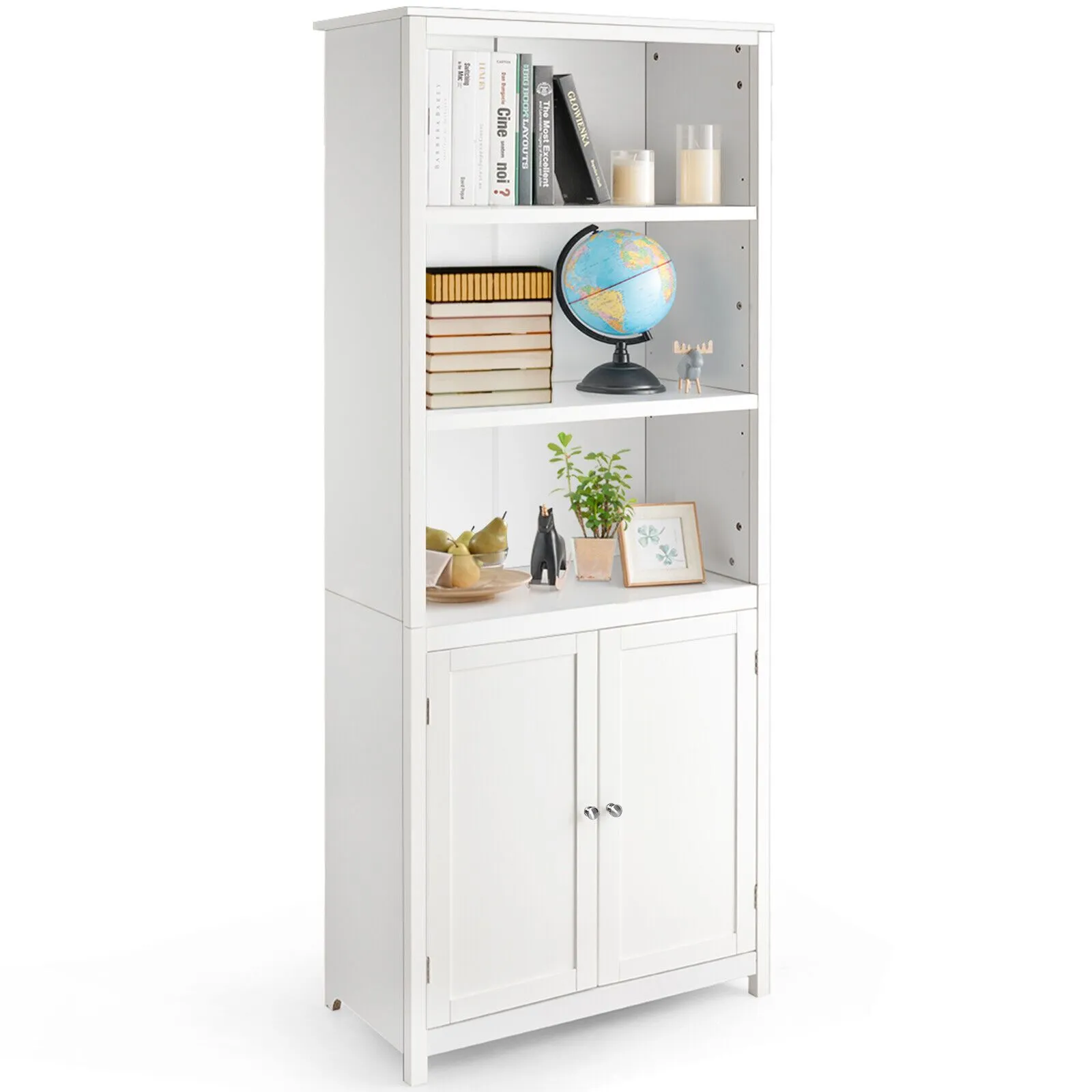 Costway Wooden Tall Bookcase 3-Tier Shelving Storage Cabinet 2 Doors Display Organizer in White