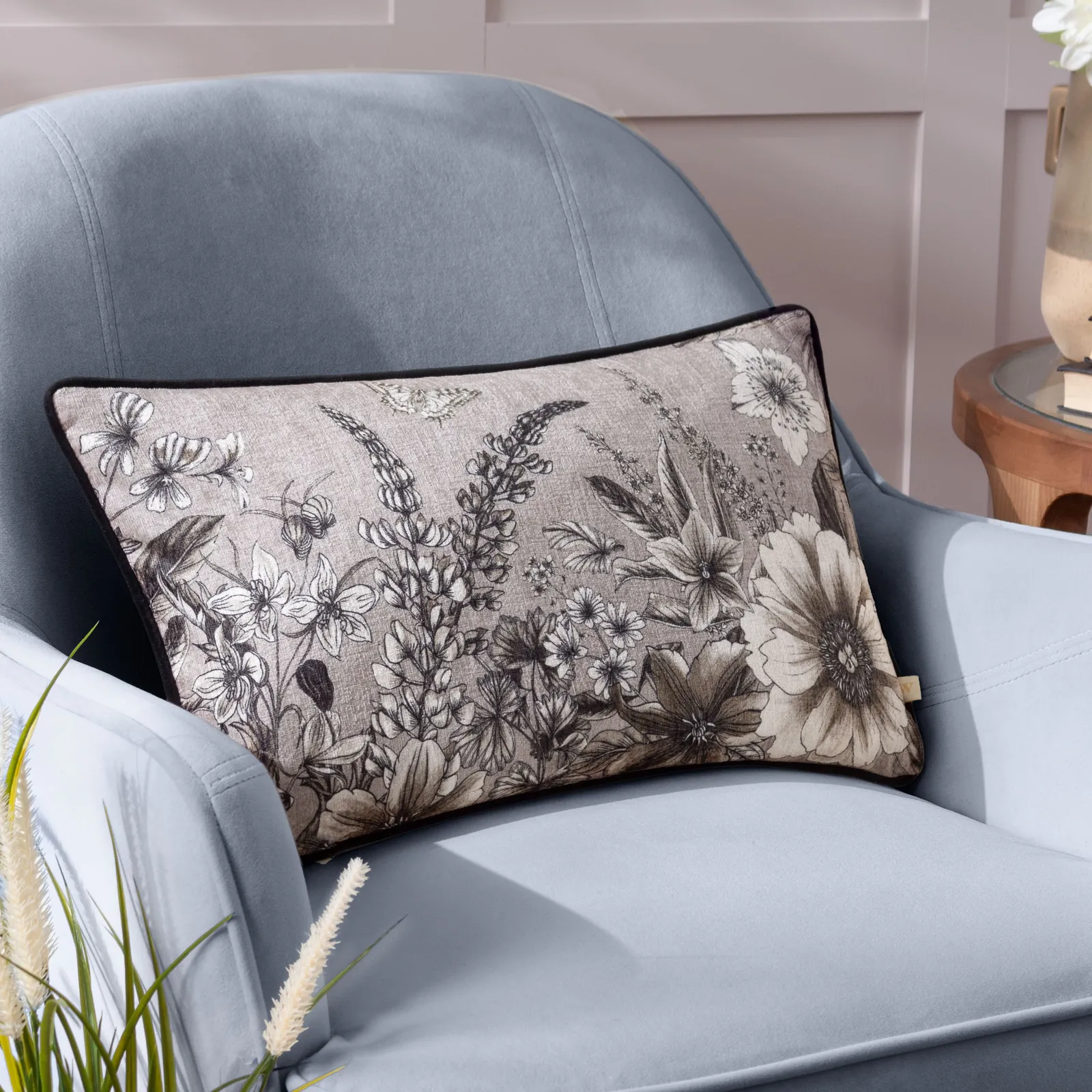 Wylder Harlington Gardenia Floral Piped Cushion in Beige
