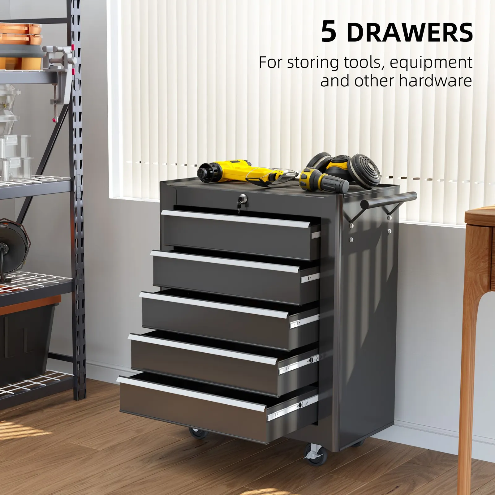 HOMCOM 5-Drawer Tool Chest Steel Lockable Tool Storage Cabinet w/ Wheels in Black 4