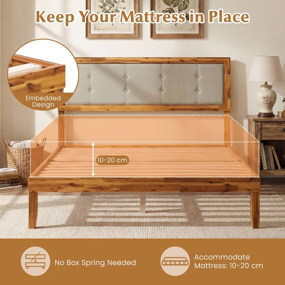 Costway Double Size Bed Frame Acacia Wood Platform Beds w/ Tufted Headboard in Beige 6