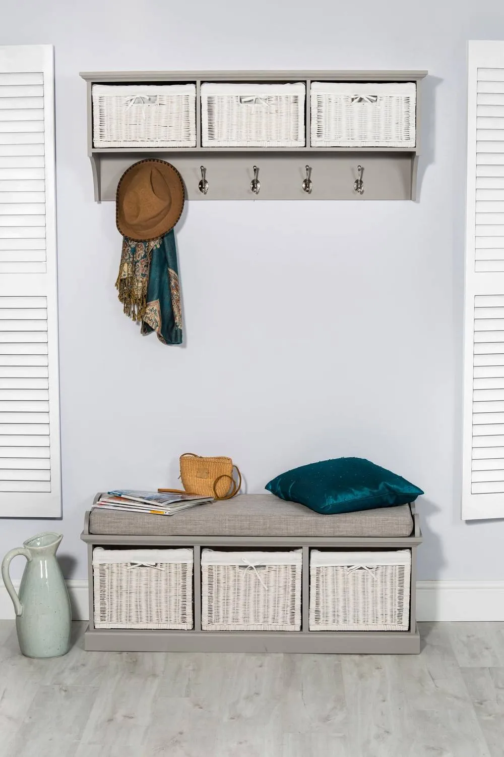 Statement Furniture Tetbury Large Hallway Coat Rack / Shelf with Wicker Storage Baskets in Light Grey 6