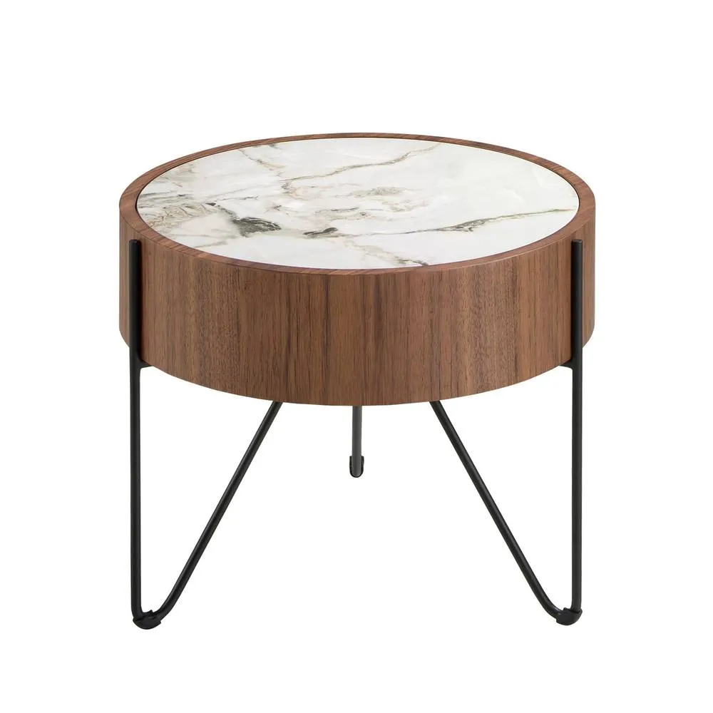 Angel Cerda Round Coffee Table, Porcelain Marble Top, Walnut in Warm White 2