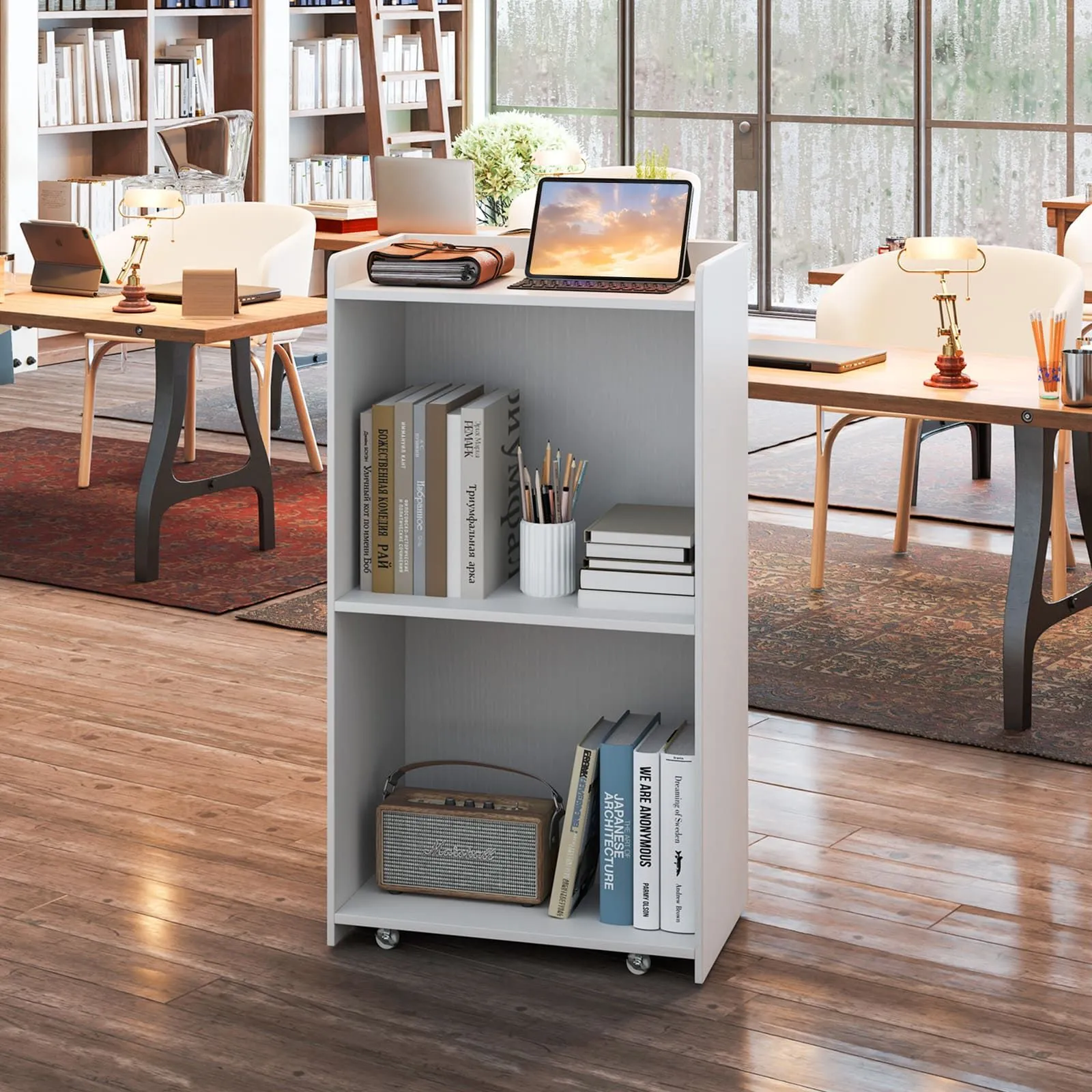 Costway Rolling Lectern Stand 105 cm Presentation Podium w/2 Shelves-White in White 6