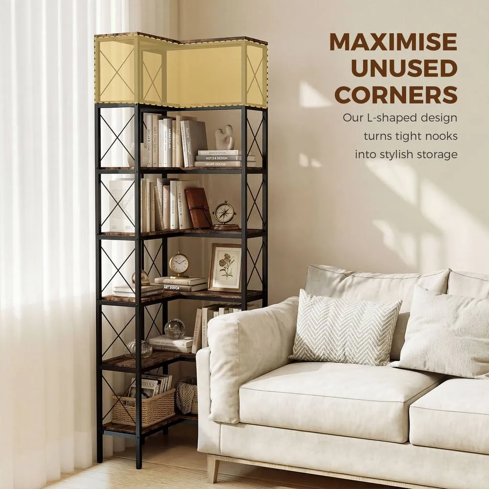 HOMCOM L-Shaped Bookshelf, 6-Tier Bookcase with Metal Frame, Rustic Brown 4