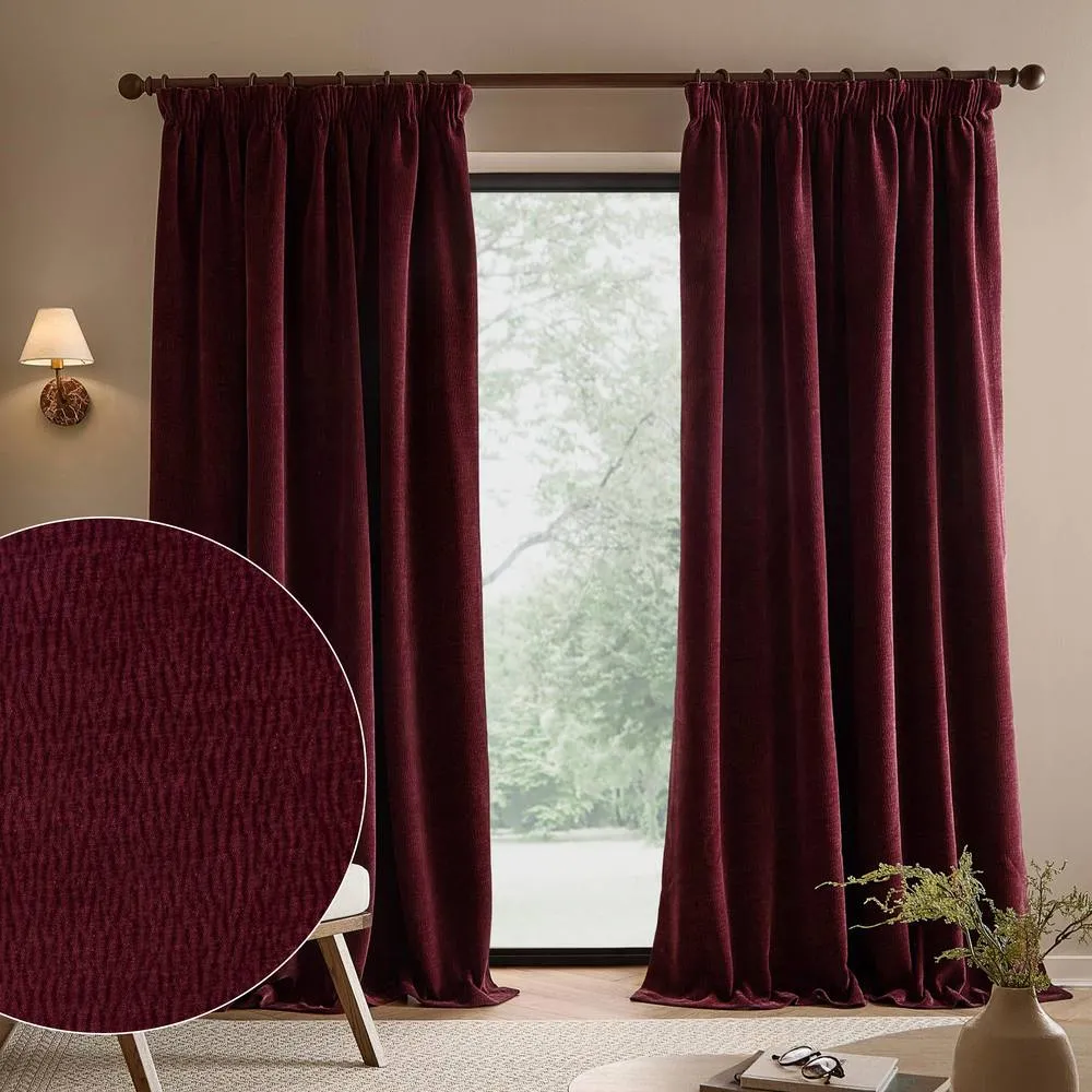 Yard Heath Washed Velvet Fully Lined Pencil Pleat Curtain Pair in Wine 1