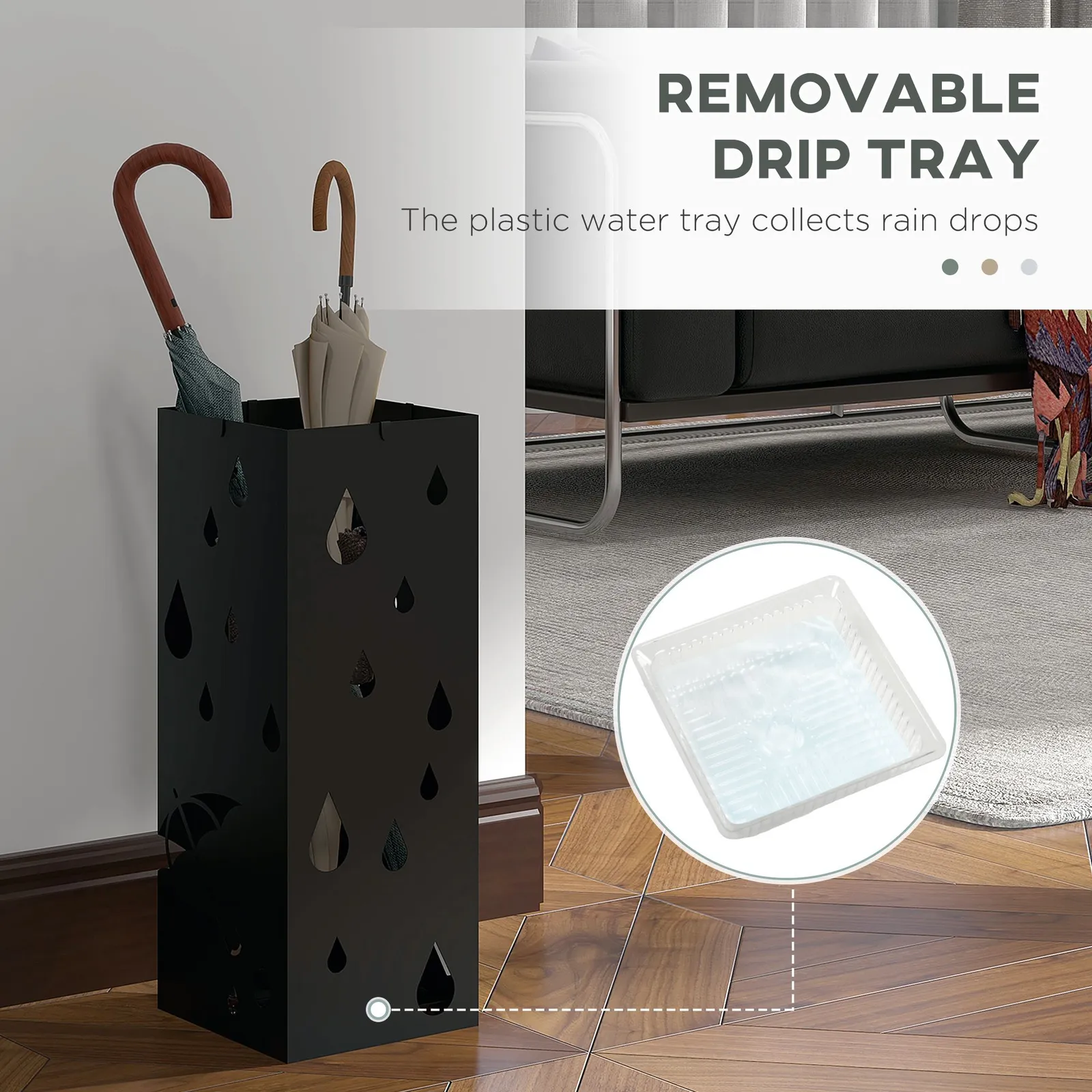 HOMCOM Metal Umbrella Stand, Square Umbrella Basket with 4 Hooks Drip Tray Black 5