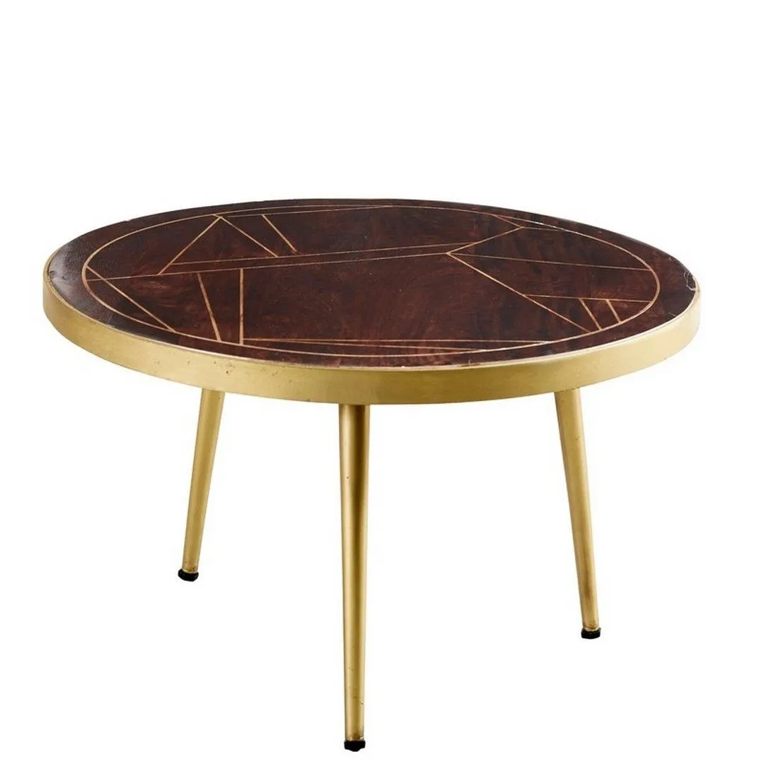 Indian Hub Dark Gold Round Coffee Table - Solid Mango Wood - L80 x W80 x H45 cm in Brown