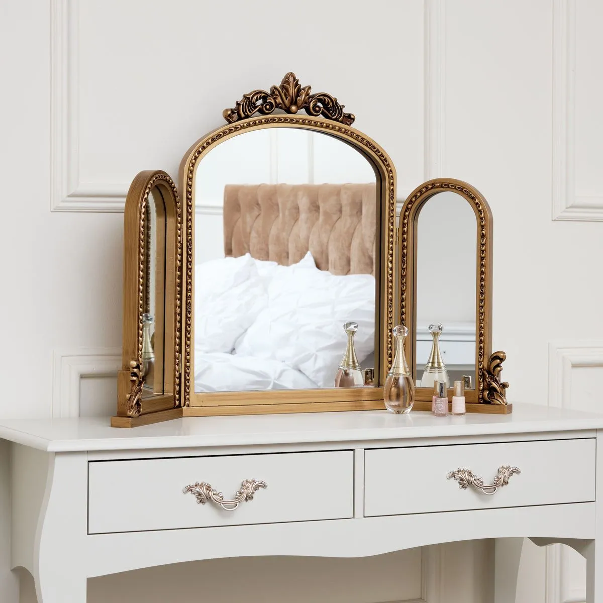Melody Maison Gold Ornate Arched Triple Dressing Table Mirror 80cm X 56cm