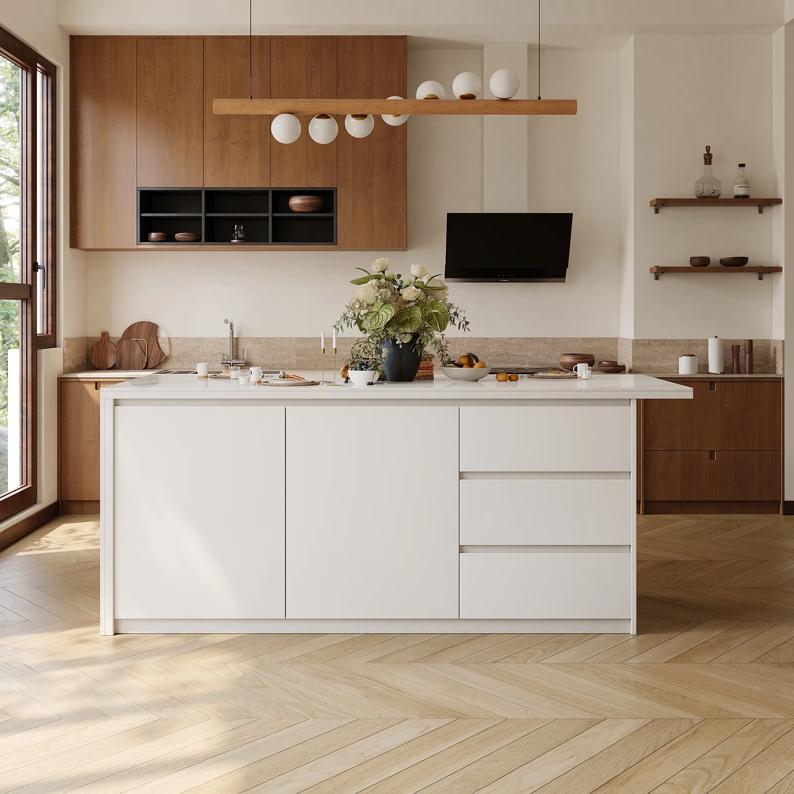 1830 mm Modern Style Sintered Stone Kitchen Islands with Ample Storage Space White