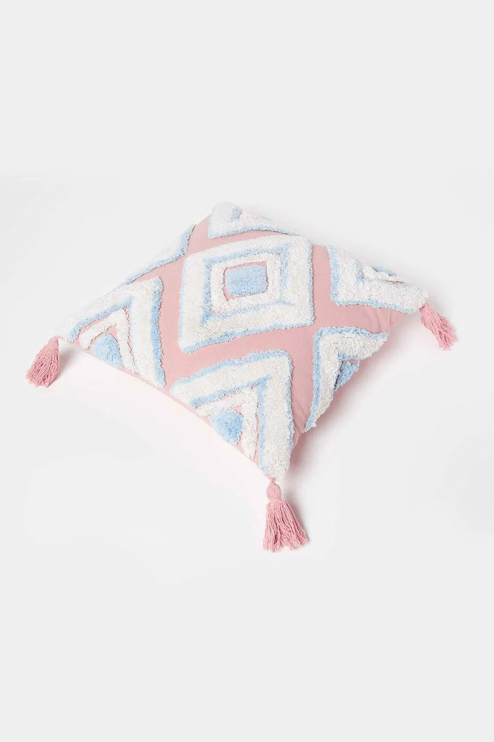Homescapes Geometric Ikat Tufted Cotton Cushion with Tassels in Blue 5