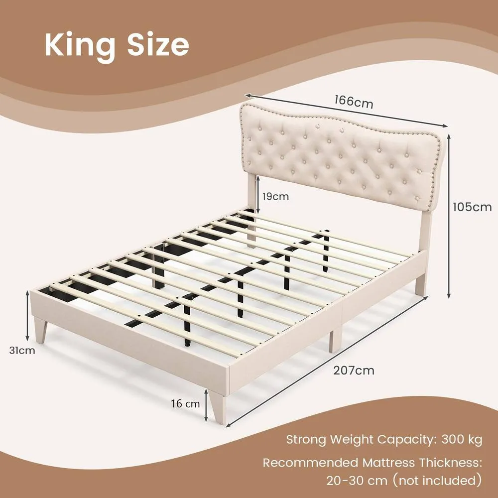 Costway King Size Bed Frame Wooden Slat Bed Platform Upholstered in Beige 2