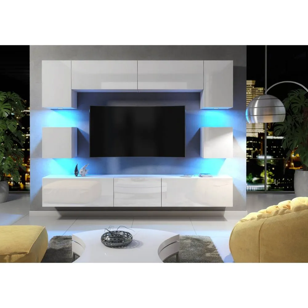 Creative Furniture Panorama Wall TV Unit - White with Gloss Doors + LED Lights 2