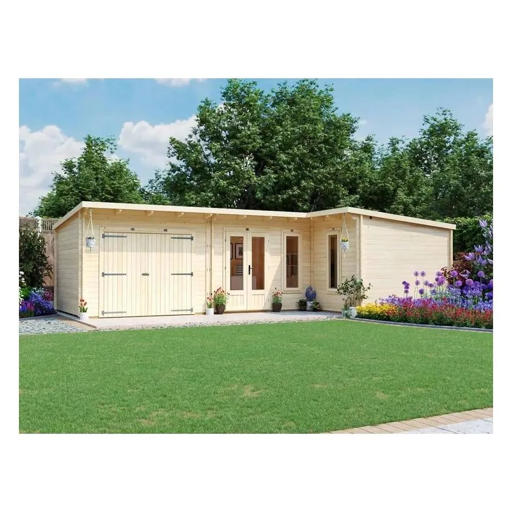 Dunster House L-Shaped Log Cabin W9m x D5m / 29' x 16'6" Pent, 24mm, DG - HellWolf in Brown 2
