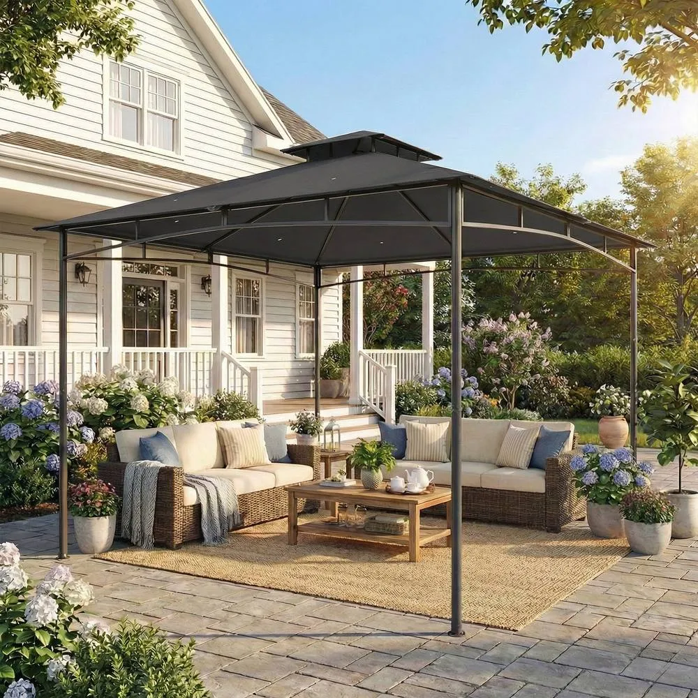 OUTSUNNY 3 x 3 m Gazebo, Outdoor Gazebo Canopy with 2-Tier Roof in Dark Grey