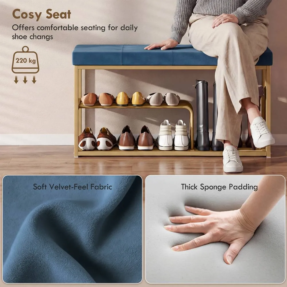 HOMCOM Shoe Storage Bench with Seat Cushion Tufted Shoe Rack Bench in Dark Blue 6