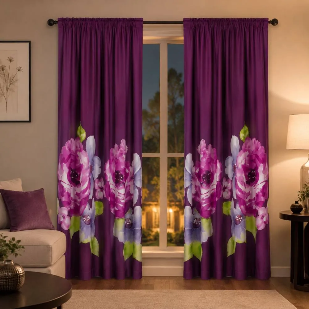 Smart Living Grace Floral Curtains Pair with Tie Backs - Large Flower Print in Aubergine 2