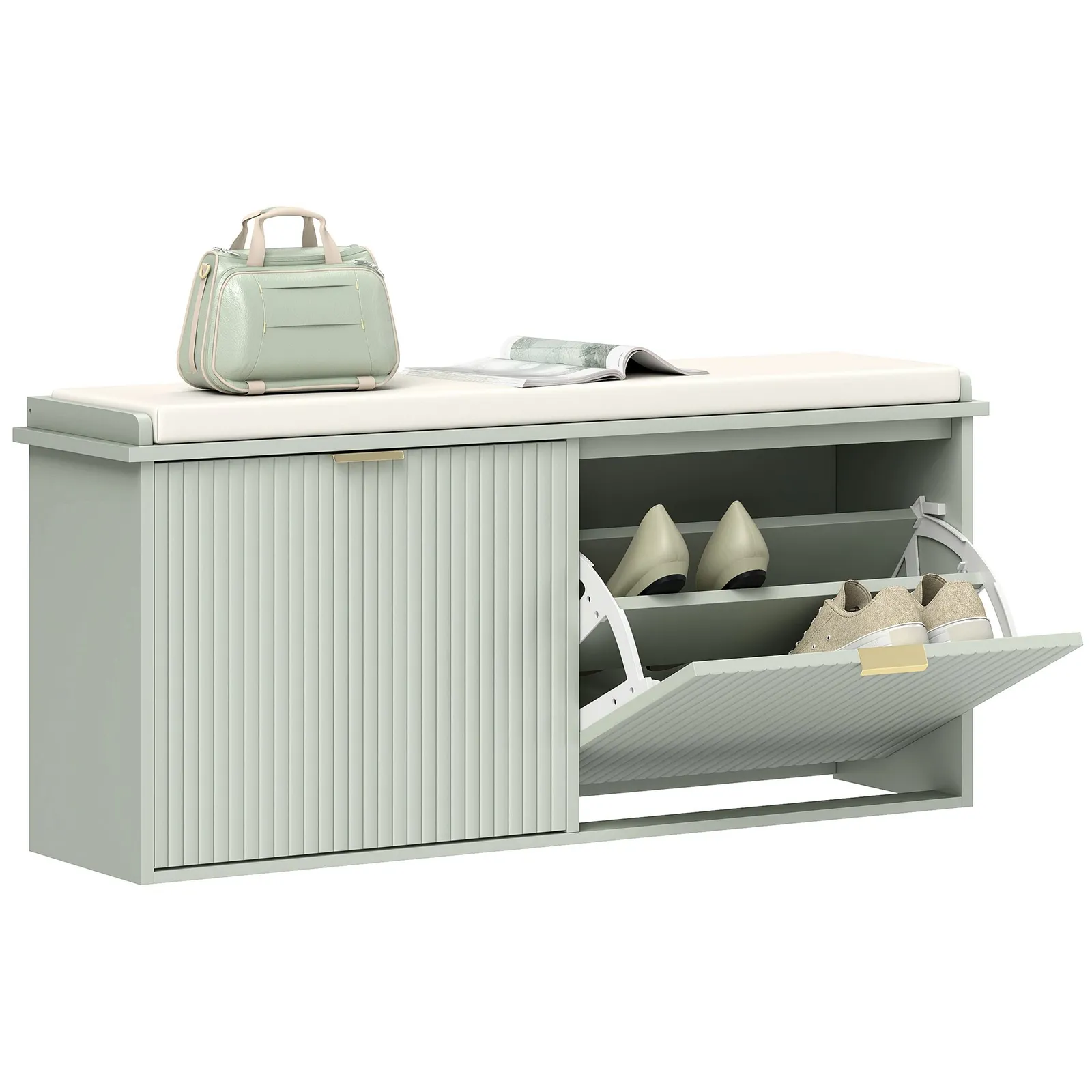 HOMCOM Shoe Storage Bench with Cushion & Flip-Drawer 104x26x47.5cm in Green 2