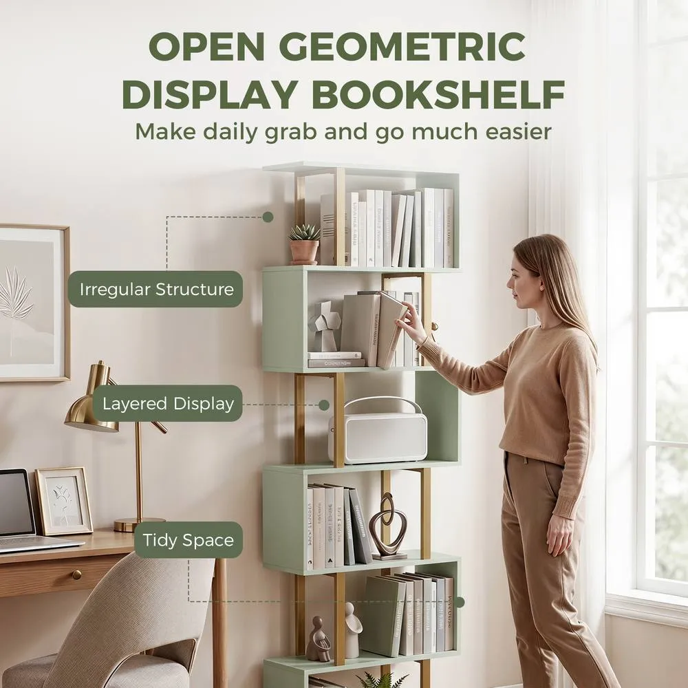 HOMCOM S-Shaped Bookshelf, 5-Tier Bookcase with Anti-Tip Strap, Light Green 4