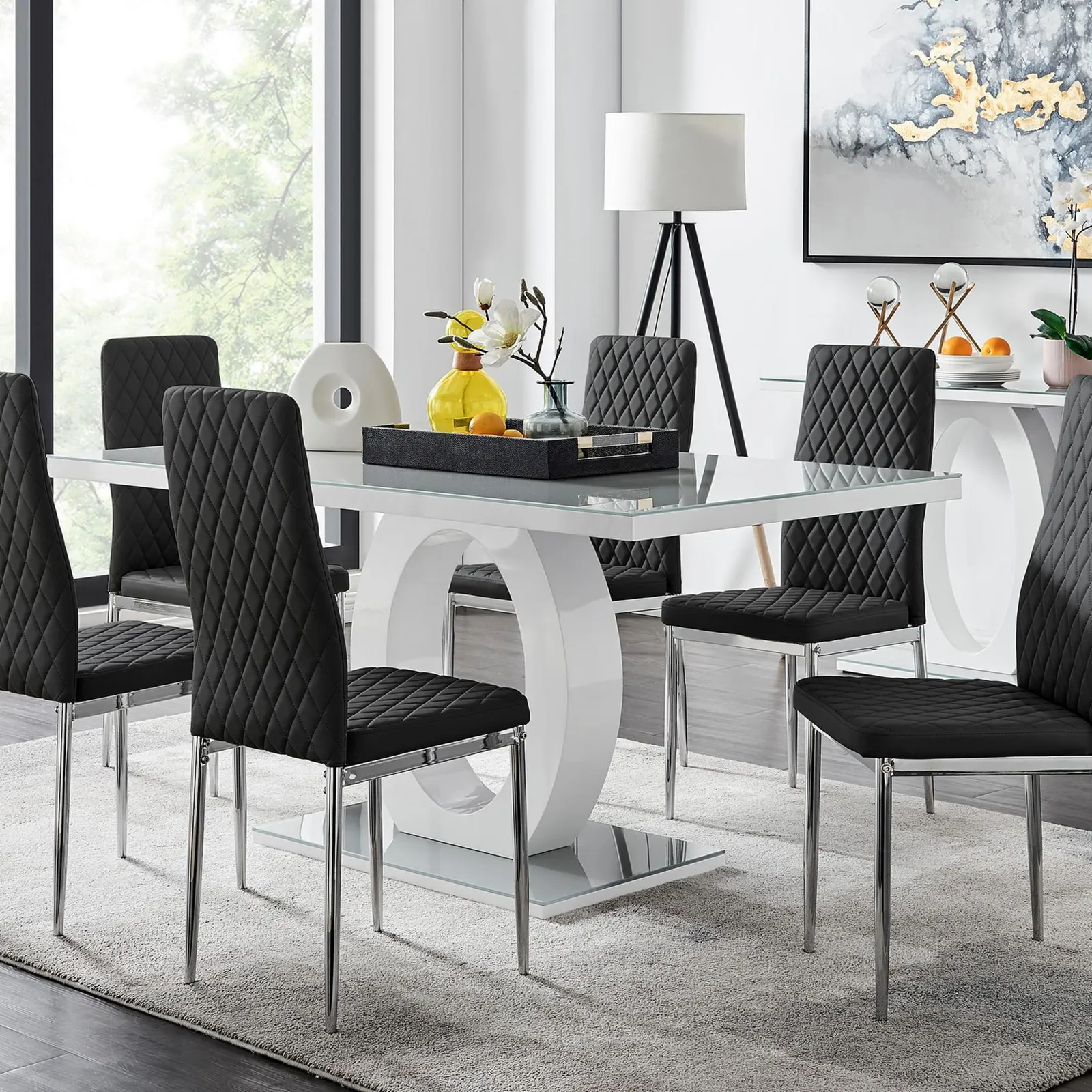 FurnitureboxUK Giovani 6-Seater Grey Glass Dining Table & 6 Milan Faux Leather Dining Chairs in Black