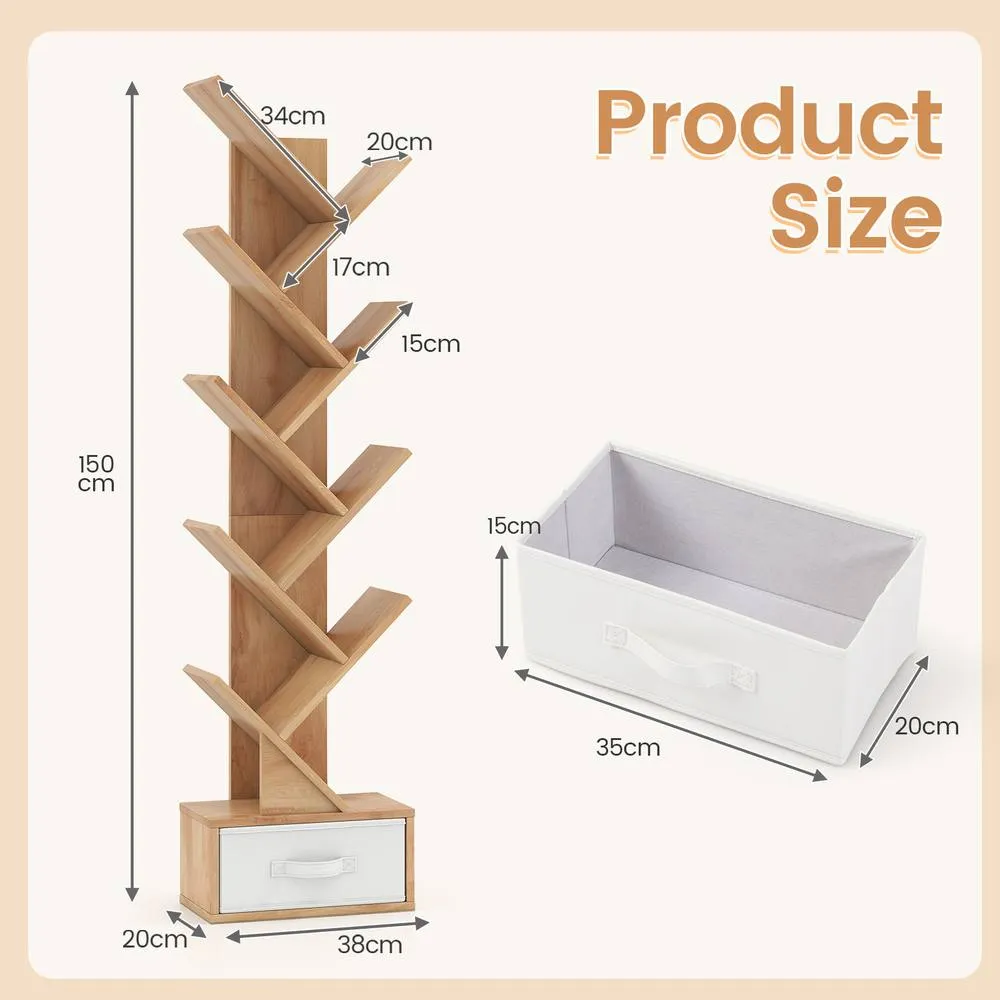 Costway Wooden Tree Bookshelf Modern 150cm Tall Narrow Bookcase w/ 10 Shelves in Natural 2
