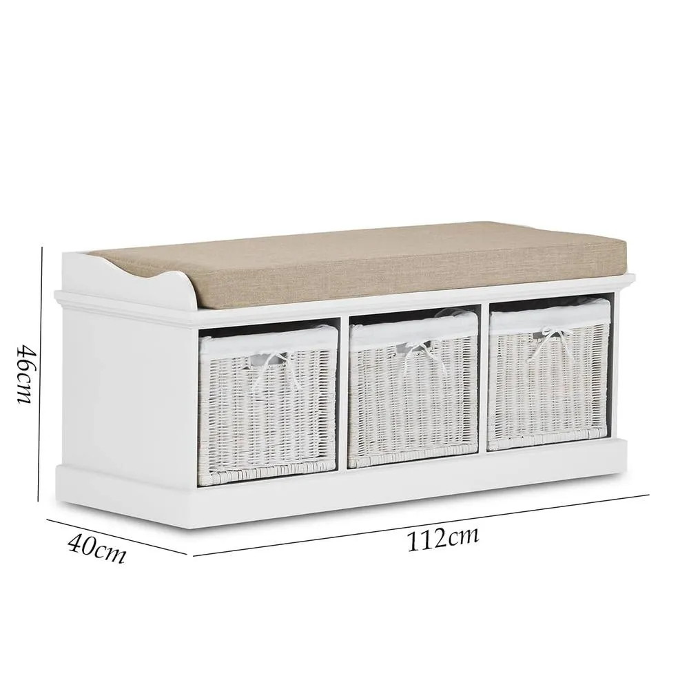 Statement Furniture Tetbury Bench with 3 White Wicker Baskets & Cream Cushion 2