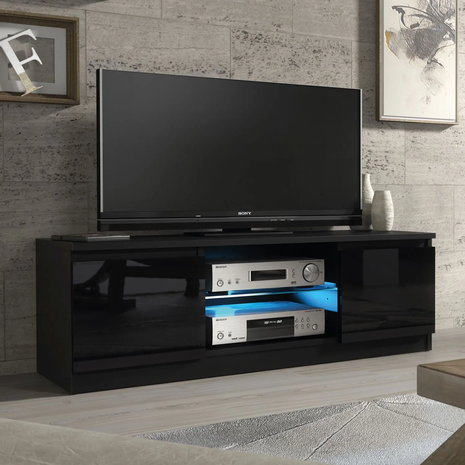 Creative Furniture Aura TV Unit 120cm - A Compact & Contemporary Cabinet with Gloss Doors & LED Lights in Black