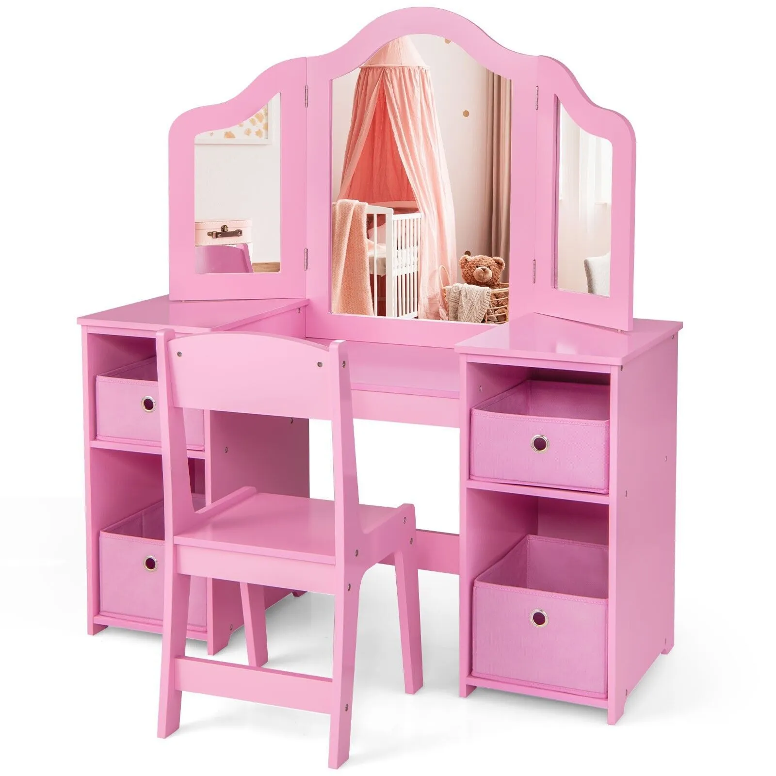 Costway 2-in-1 Dressing Table & Chair Set Vanity Table Desk w/ Removable Mirrors in Pink 5