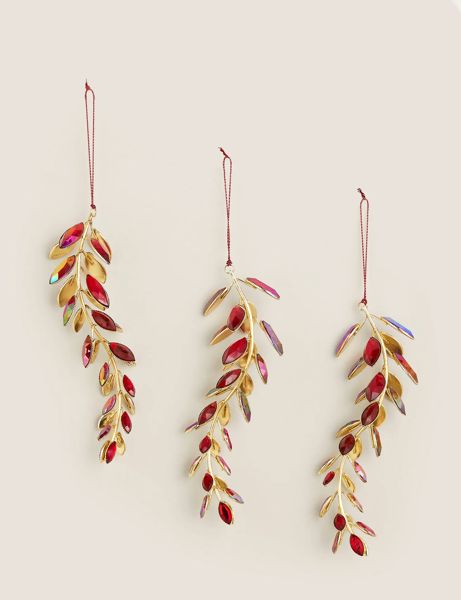 M&S 3 Pack Red Jewelled Leaf Tree Decorations, Red