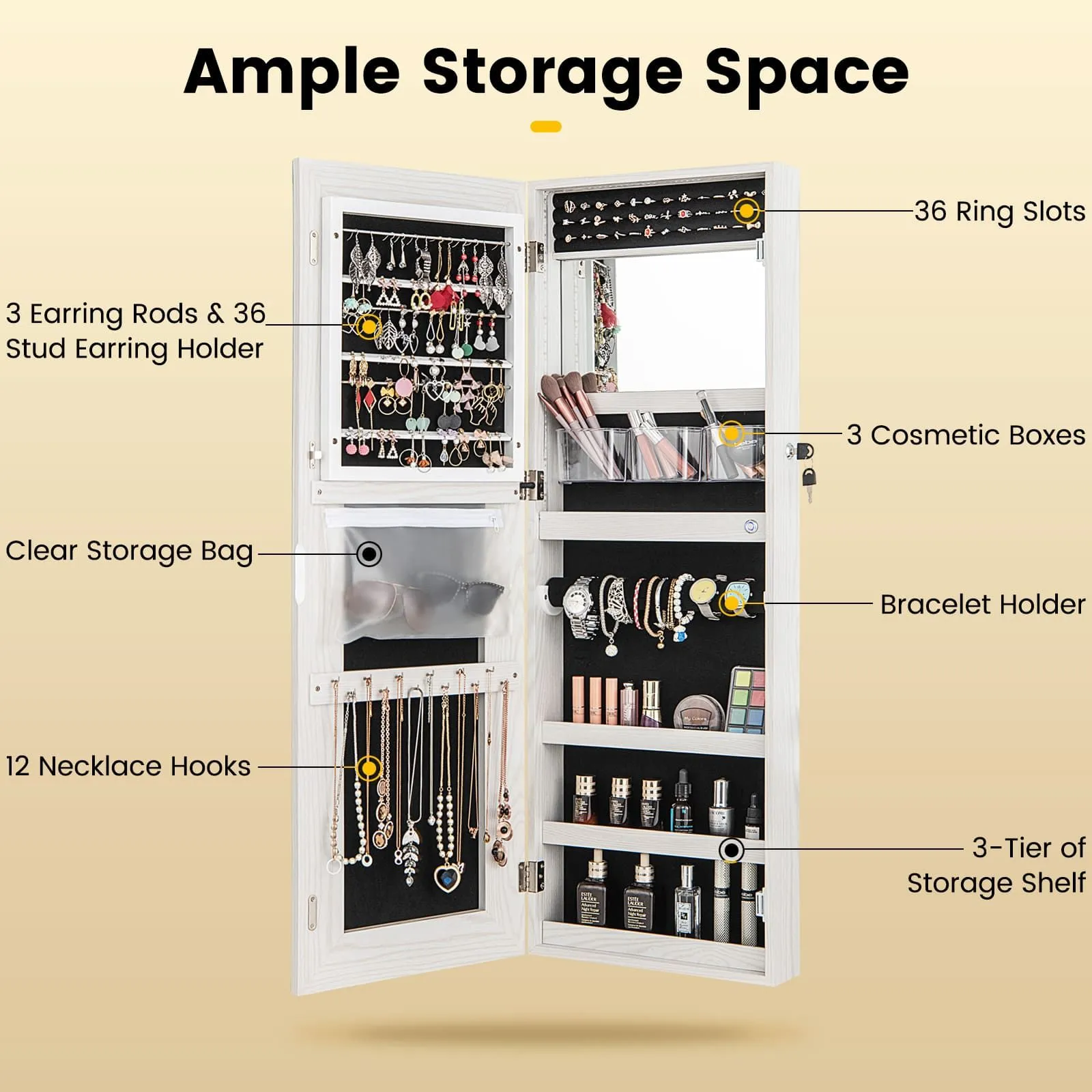 Costway 108cm Jewelry Mirror Cabinet Lockable Jewelry 3-Color LED Lights-White in White 5