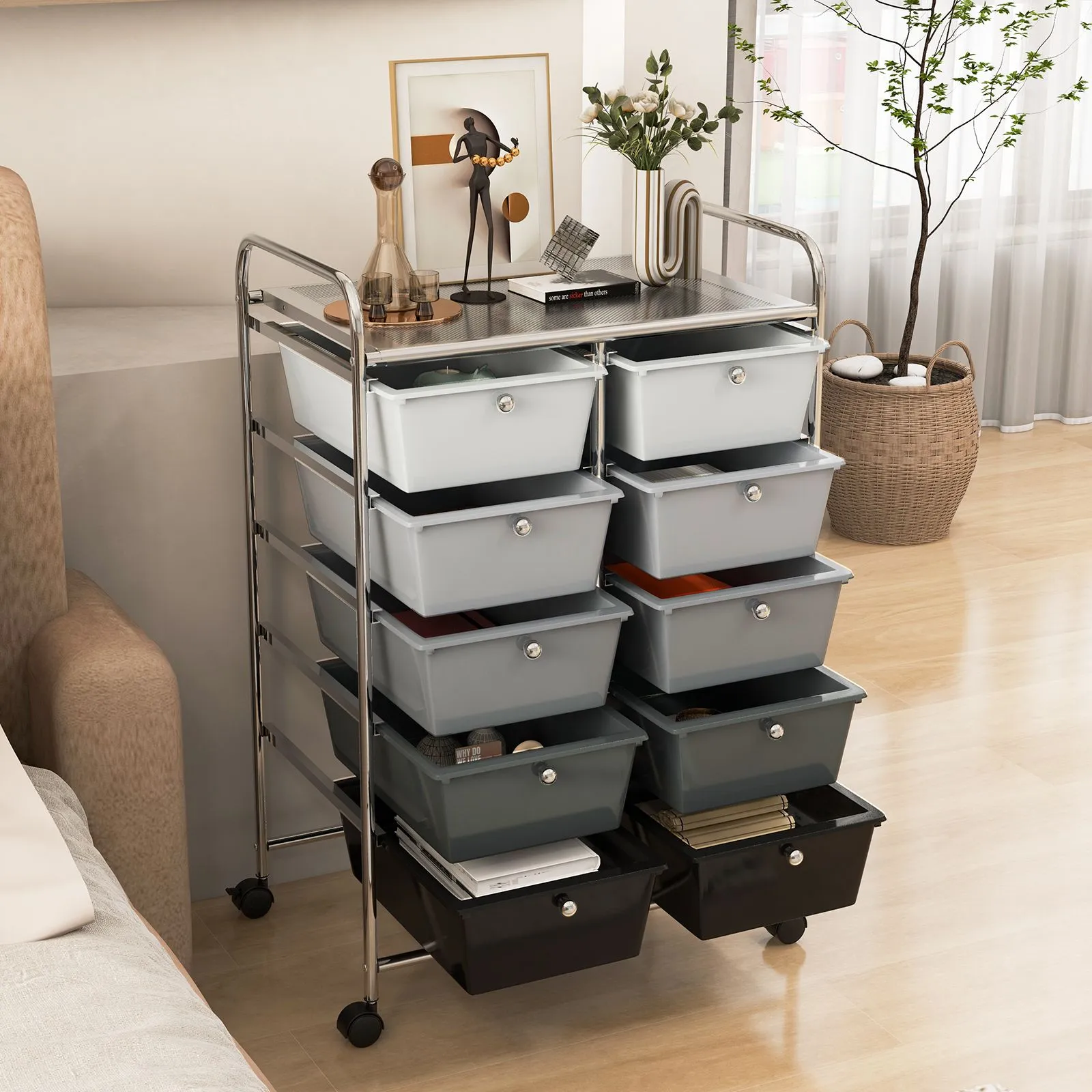 Costway 10 Drawers Storage Trolley Mobile Rolling Utility Cart Home Office Organizer in Black 2