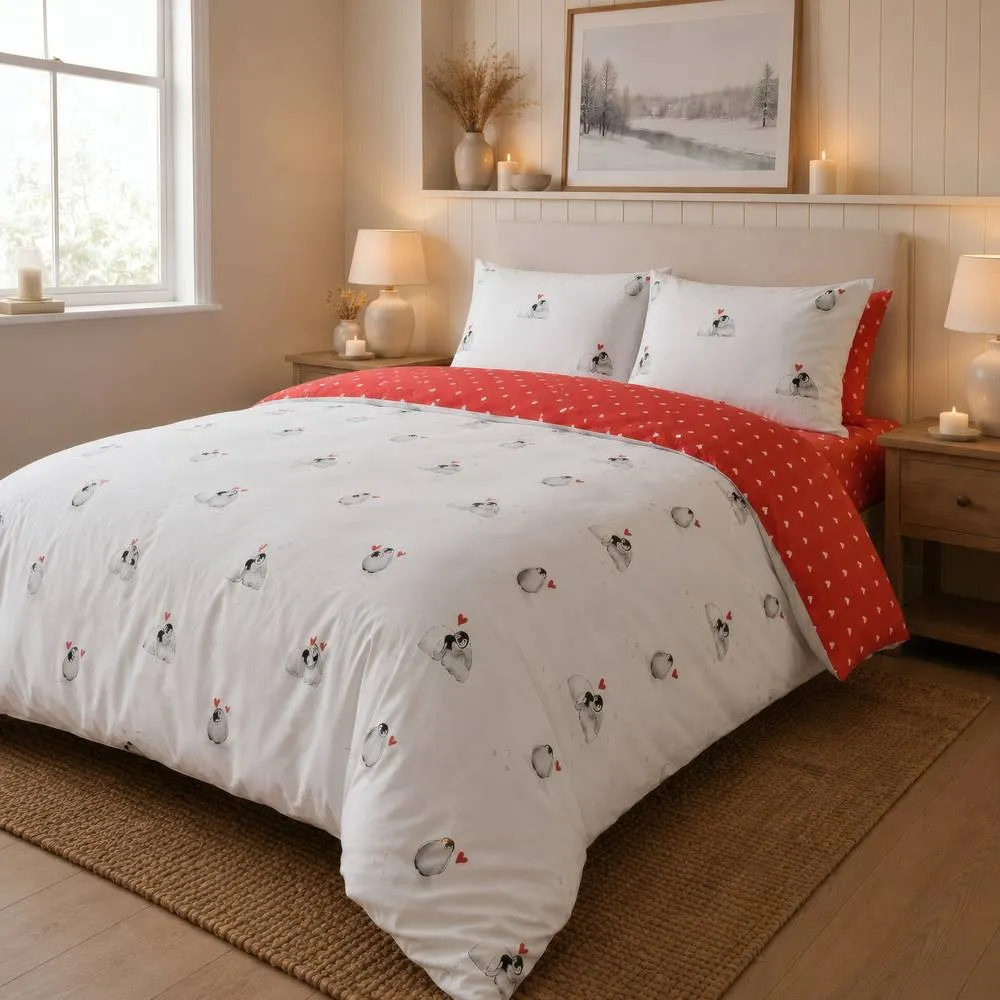 Rapport Home Cute Penguins Christmas Duvet Cover Set Red 1