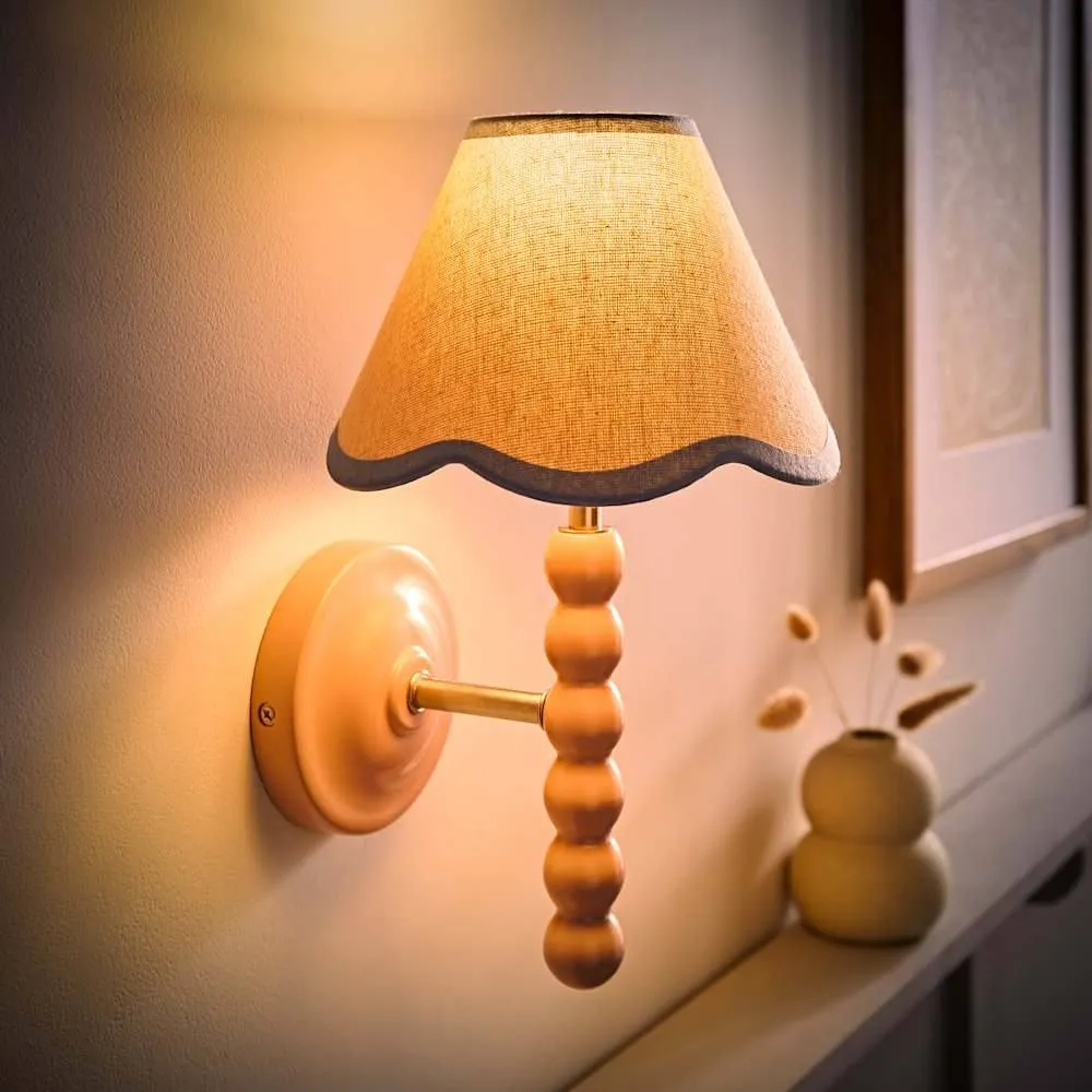ValueLights Bobbins Rose Pink Wall Light with Linen Trim Lamp Shade & LED Bulb in Pale Blue 1