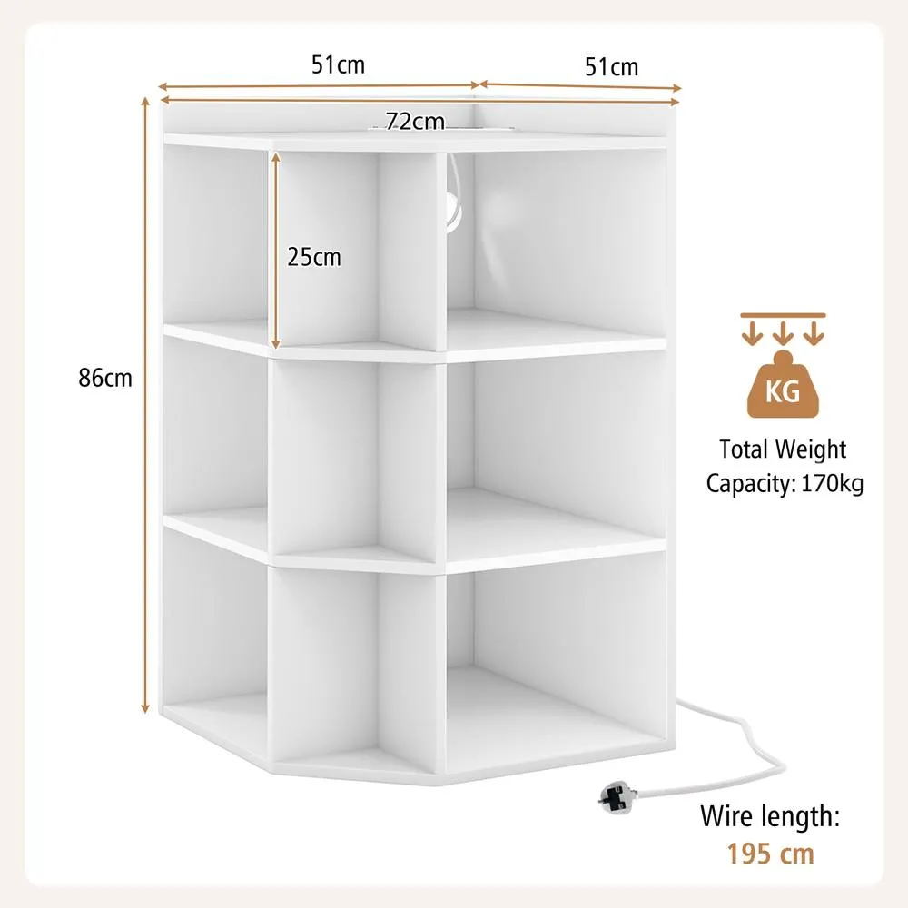 Costway 4-Tier Wooden Corner Bookcase 9 Cubbies Bookshelf w/ Charging Station in White 3