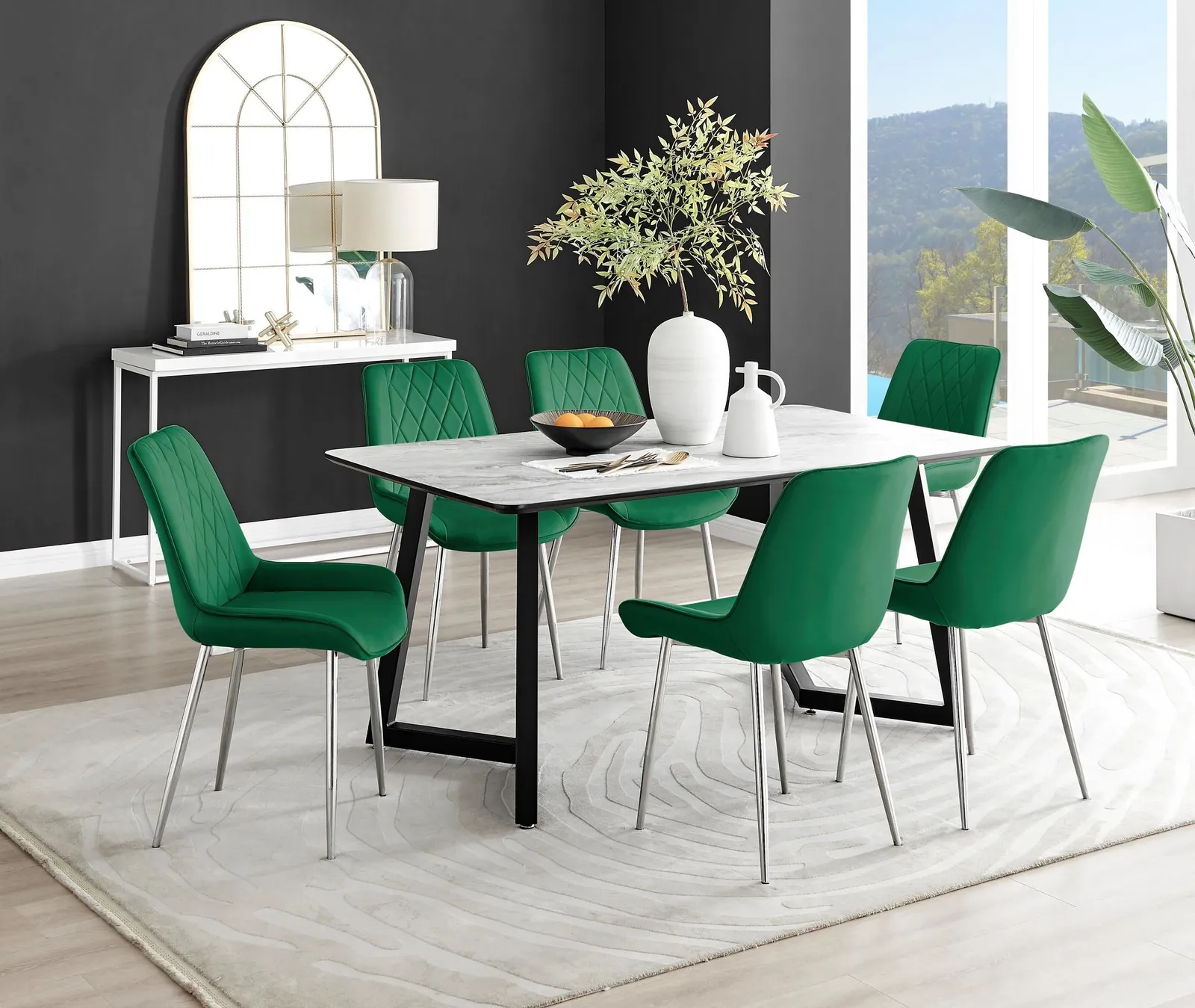 FurnitureboxUK Carson White Marble Effect Dining Table & 6 Pesaro Silver Chairs in Green