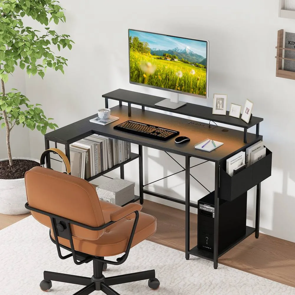Costway L-Shaped Gaming Desk 120 cm Computer Desk with LED Lights-Black in Black 2