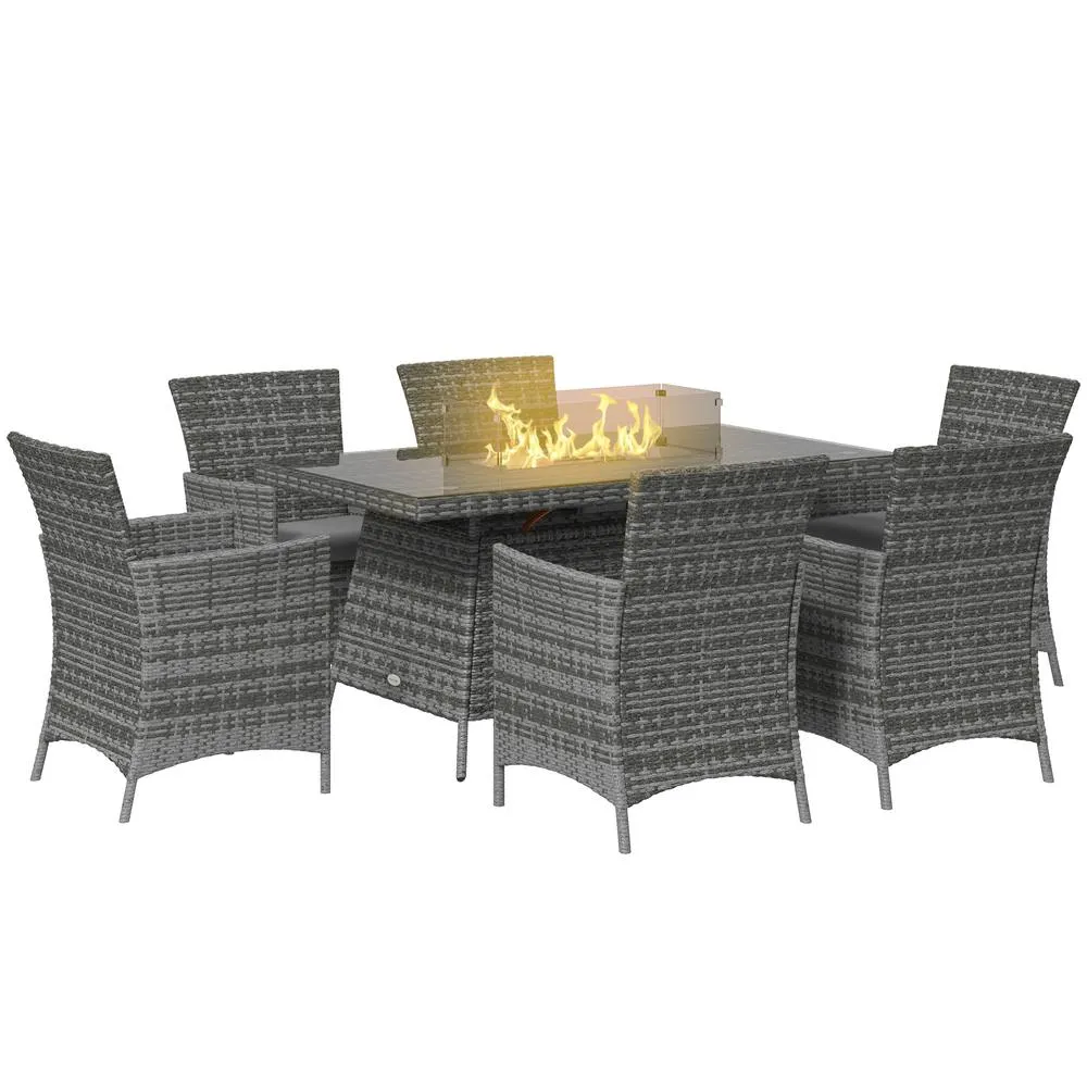 OUTSUNNY Rattan Dining Set with Fire Pit Table & Armchairs, Grey 2