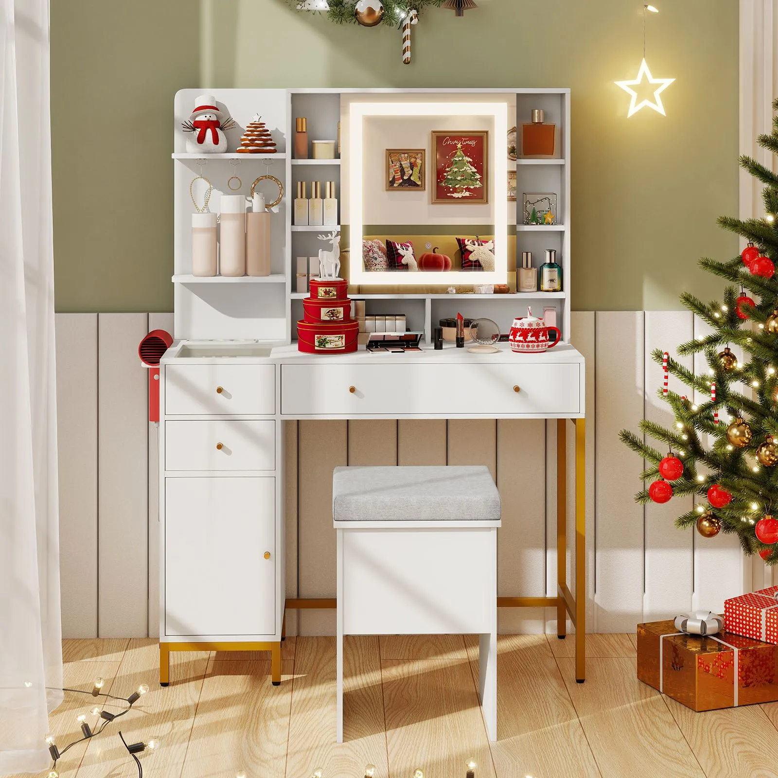 Costway Makeup Vanity Desk Dressing Table & Stool Set with Lighted Mirror in White 3