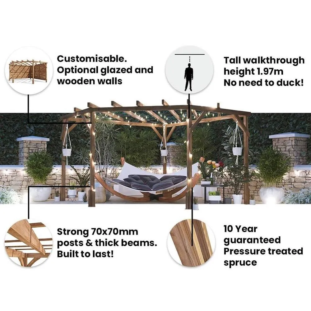 Dunster House Wooden Corner Pergola 3m x 3m with Slats & Trellis, Utopia Diamond in Brown 5