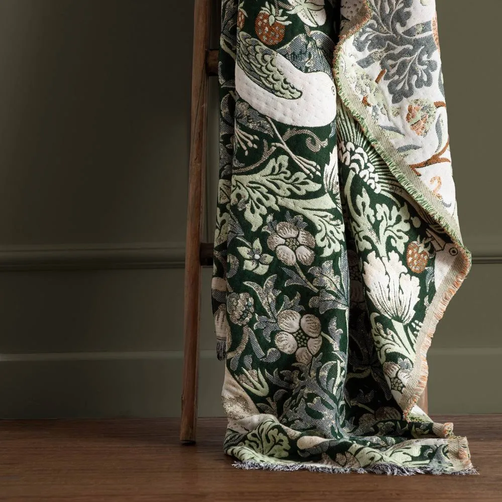 Morris & Co Strawberry Thief Jacquard Throw in Green